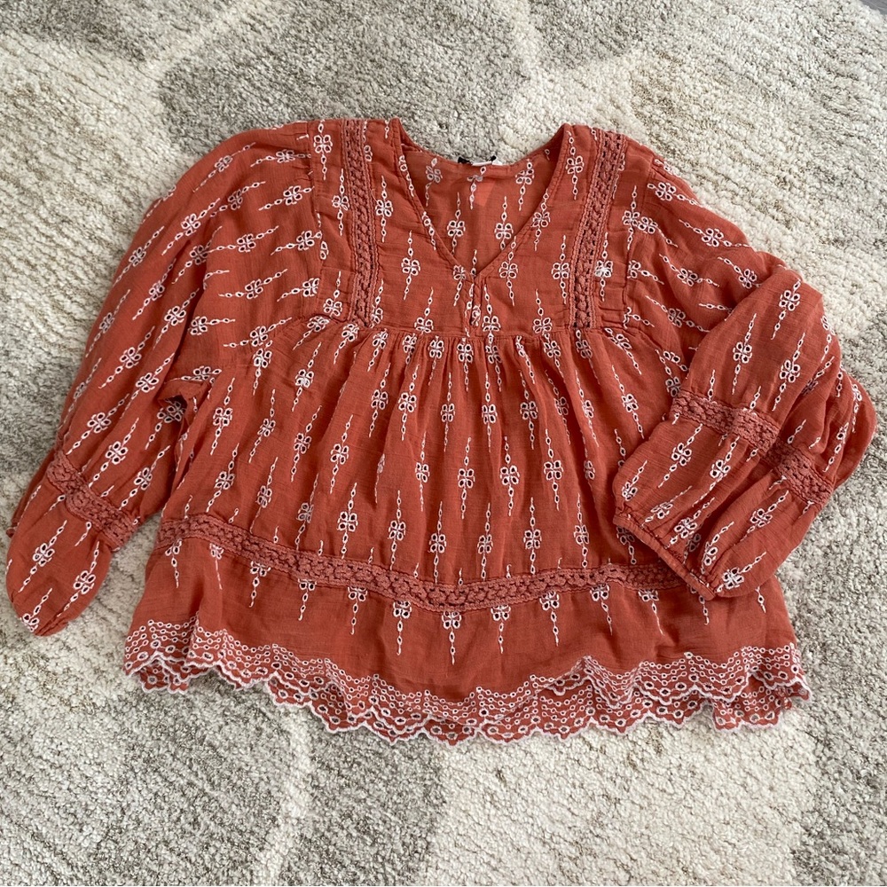 American Eagle 100% Cotton Orange Embroidered Peasant Blouse (M)